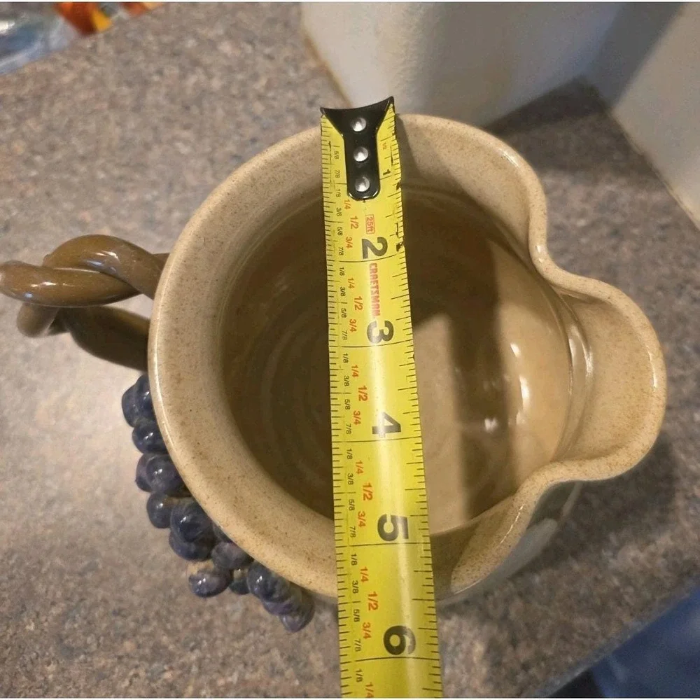 VTG Studio Pottery Pitcher Raised Grapes Twisted Handle Signed 6
